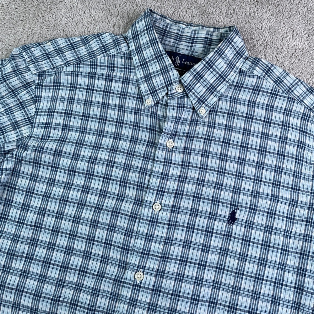 Ralph Lauren Shirt Mens Medium Blue Plaid Short Sleeve Classic Fit Cotton Pony